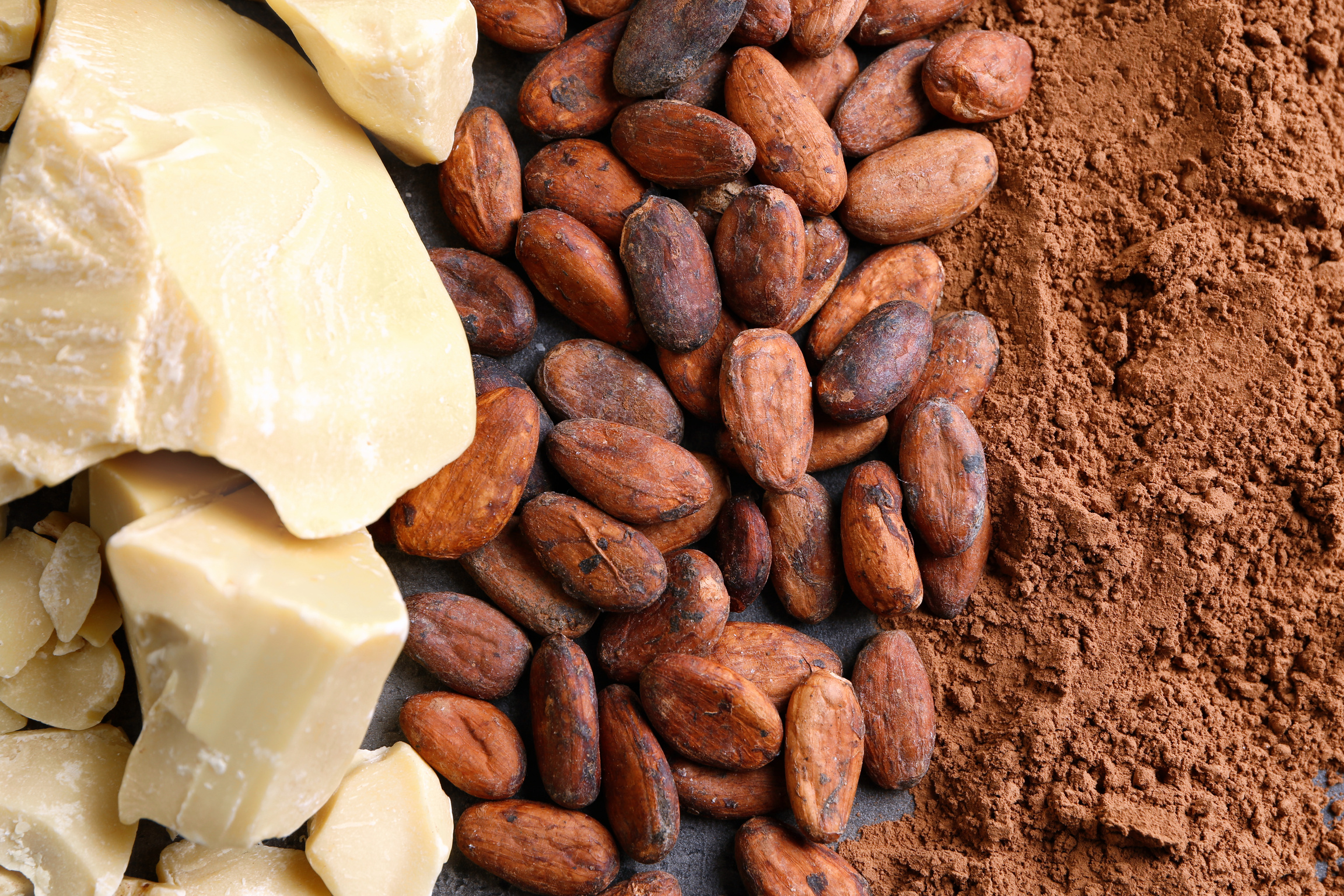 Cocoa Butter, Beans, and Powder on Table